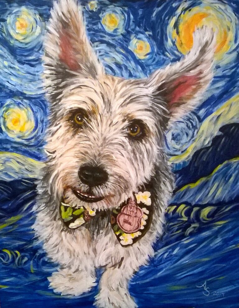 A painting of a large eared terrier dog on a Van Gogh type background