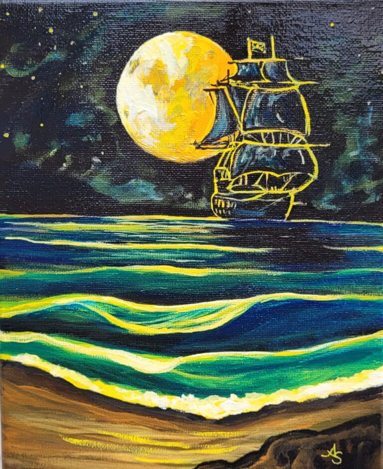 a pirate ship sails under a full moon