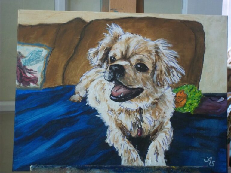 a painting of a Tibetan Spaniel sitting on a couch