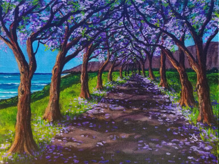 a painting of a lane filled with colorful purple jacaranda tree blossoms