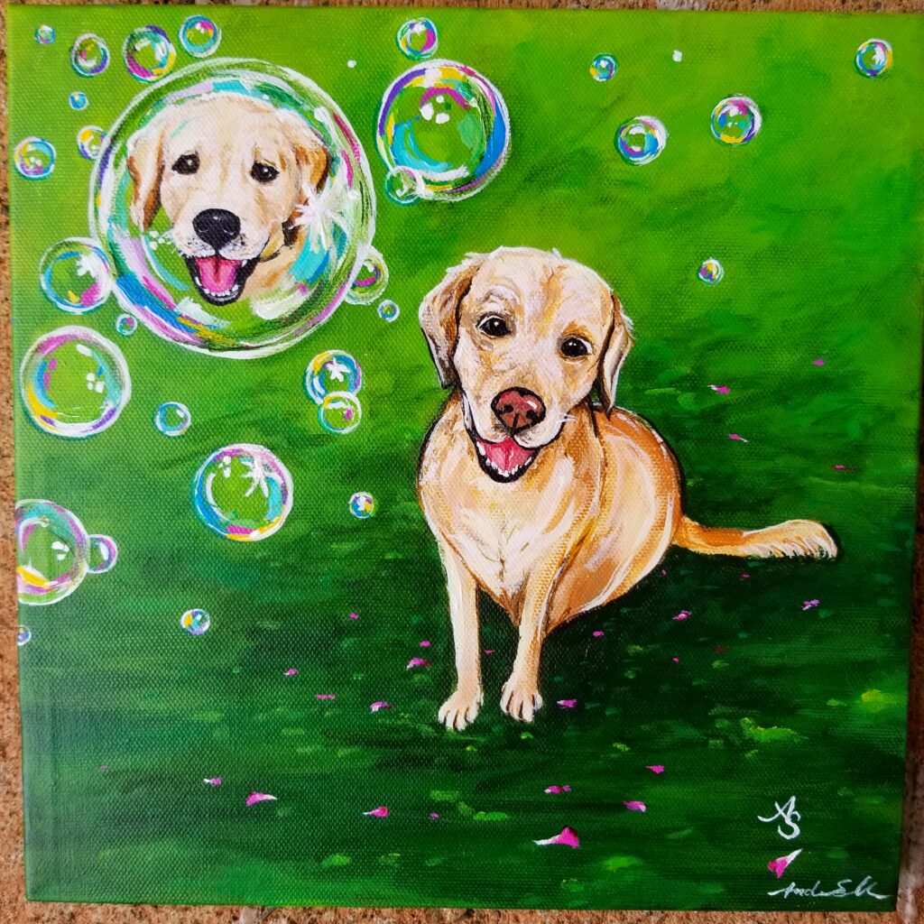 a painting of a dog looking up at bubbles with an image of itself as a puppy reflected in one of the colorful bubbles