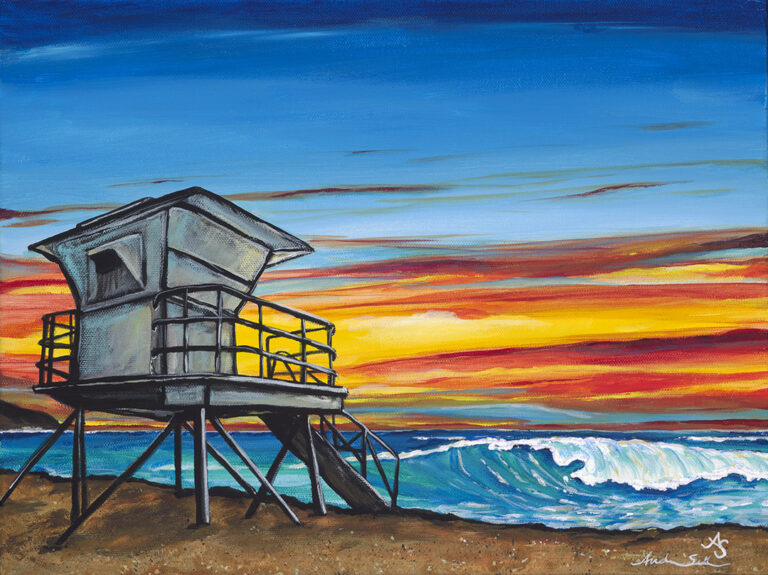 a painting of a golden Hawaii sunset with a north shore lifeguard station