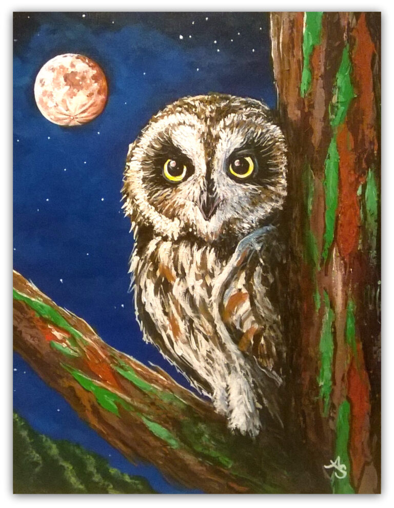 a painting of a Hawaiian Owl or Pueo under the moon
