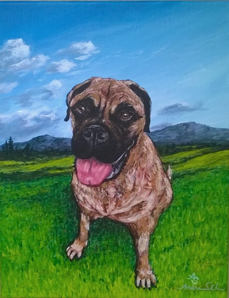 a painting of a bull mastiff dog sitting in a field