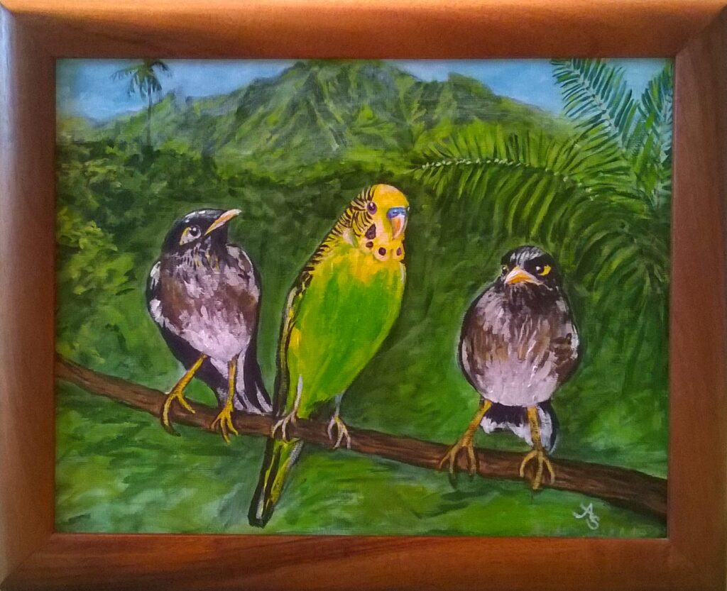 a painting of a budgie sitting on a branch with mynah birds