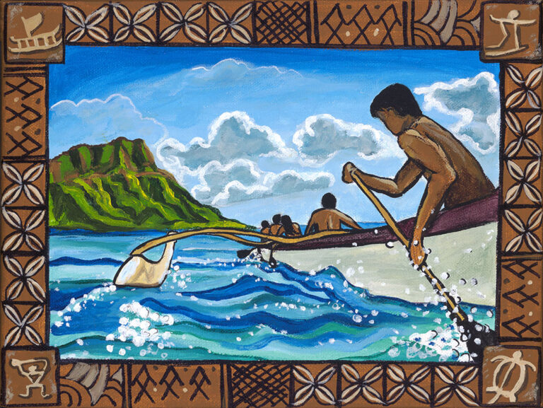 a painting of Hawaiian paddlers with a custom print border