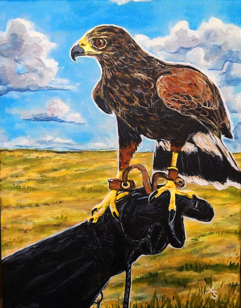 a painting of a red tailed hawk in a field