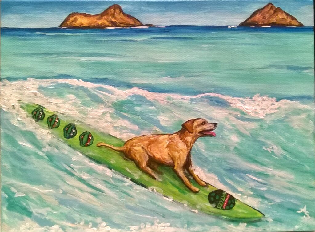 a painting of a dog surfing on a custom surfboard in Hawaii
