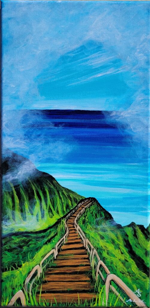 a painting of a tropical hike looking out to the ocean