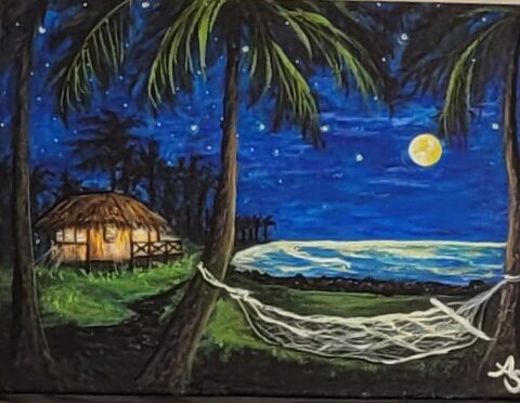 a moonlit night with a Hawaiian hut home and a hammock by the bay