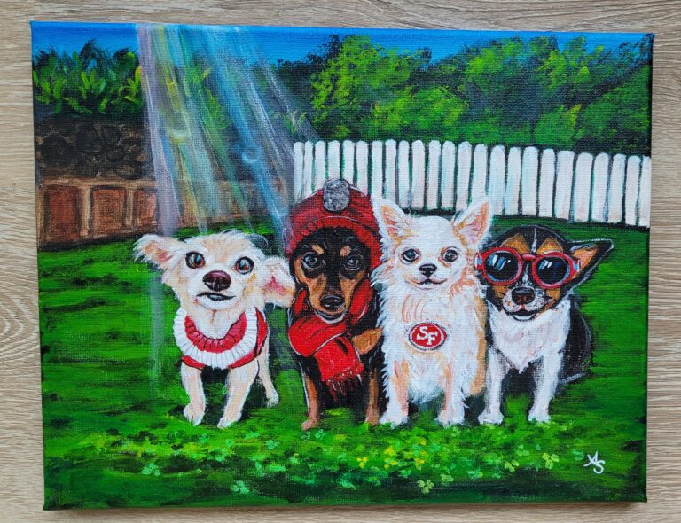 a painting of four dogs in a yard smiling at the camera