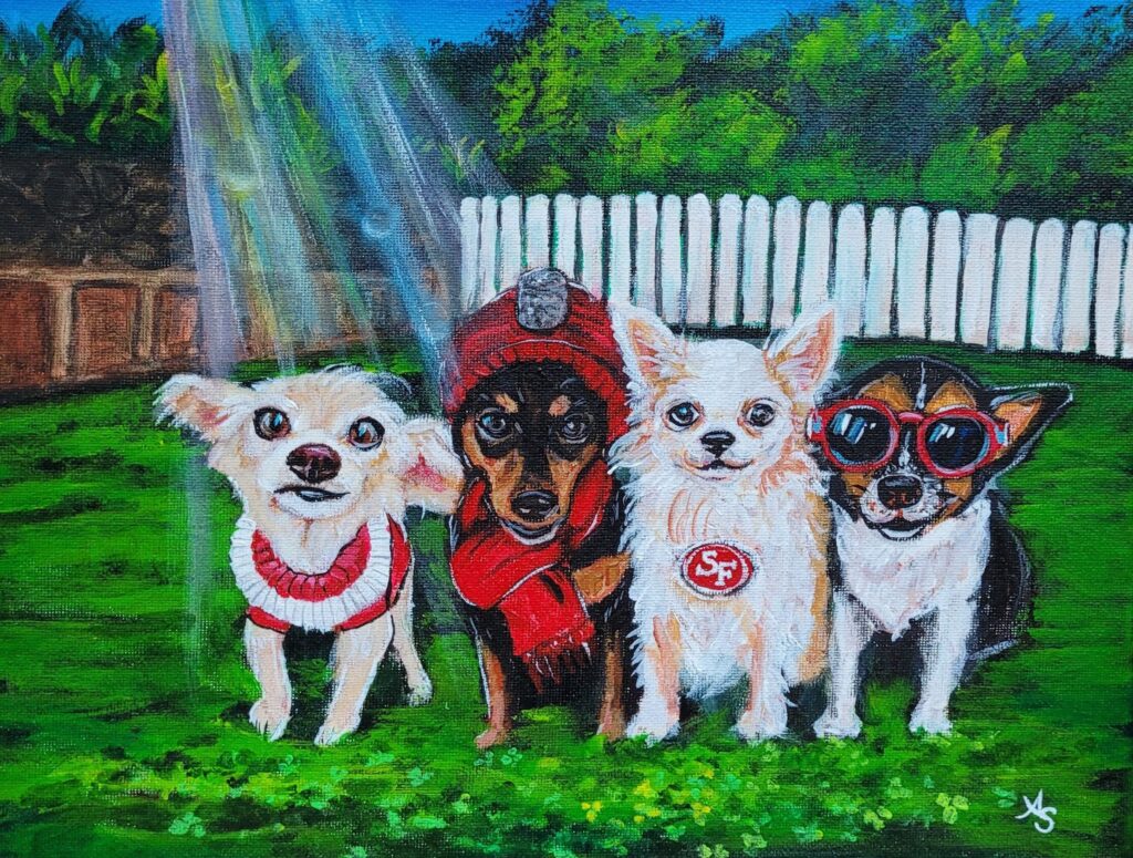 a painting of four dogs in a yard smiling at the camera