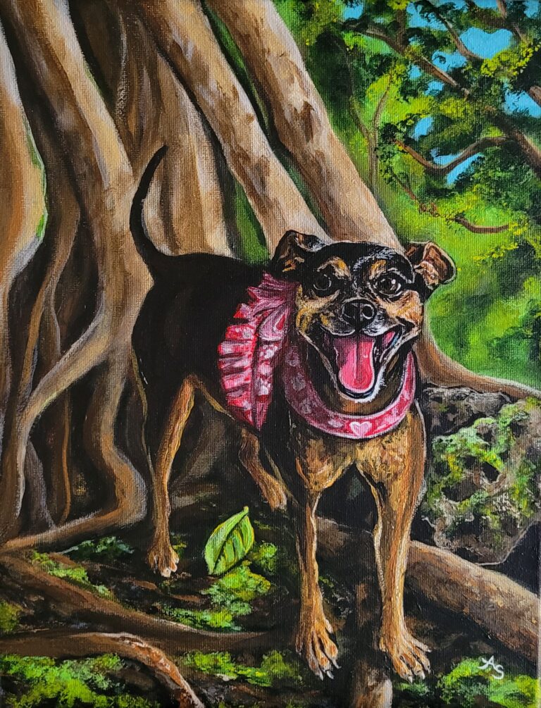 A painting of a miniature pincher dog wearing a pink dress and smiling at the camera with a banyan tree behind it.