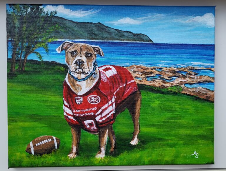 A painting of a pit bull dog wearing a San Francisco Football Jersey with a football on the green grass near him and the ocean of the north shore of Hawaii behind him