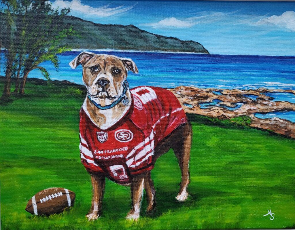 A painting of a pit bull dog wearing a San Francisco Football Jersey with a football on the green grass near him and the ocean of the north shore of Hawaii behind him