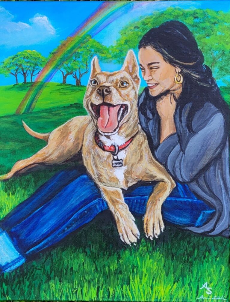 A painting of a girl wearing jeans and a grey shirt sits on the grass with a brown dog on her lap and a rainbow in the sky above