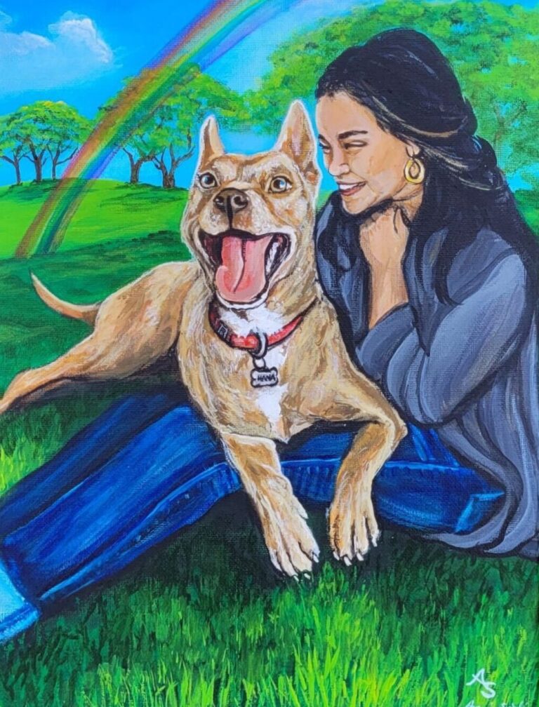 A painting of a girl wearing jeans and a grey shirt sits on the grass with a brown dog on her lap and a rainbow in the sky above