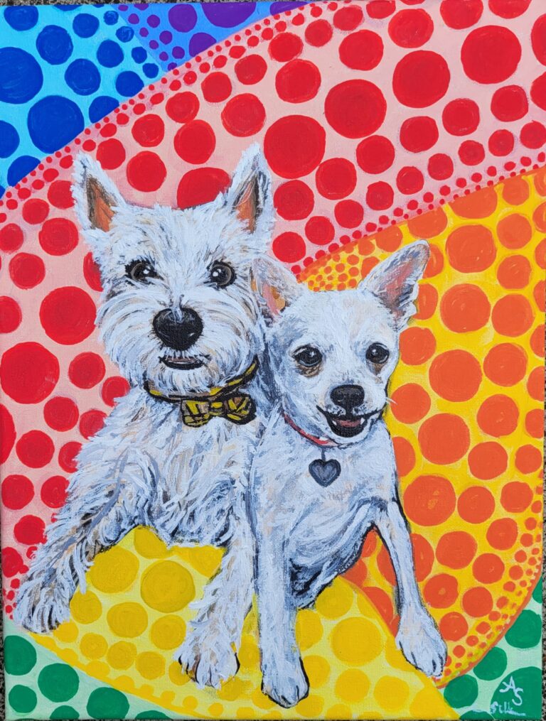 A pet portrait of two dogs on a custom design colorful background