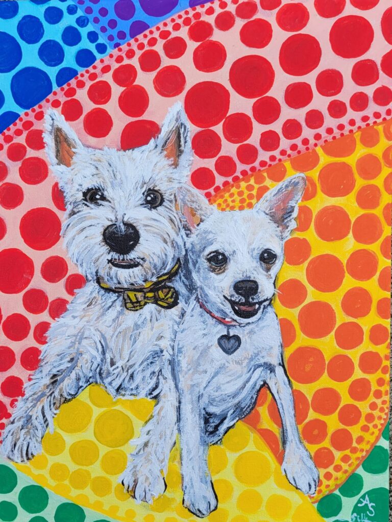 A pet portrait of two dogs on a custom design colorful background
