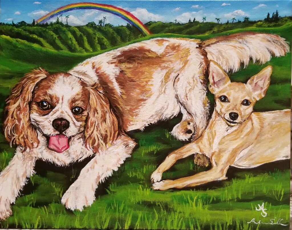 a painting of two dogs laying on the grass with a rainbow in the sky above them