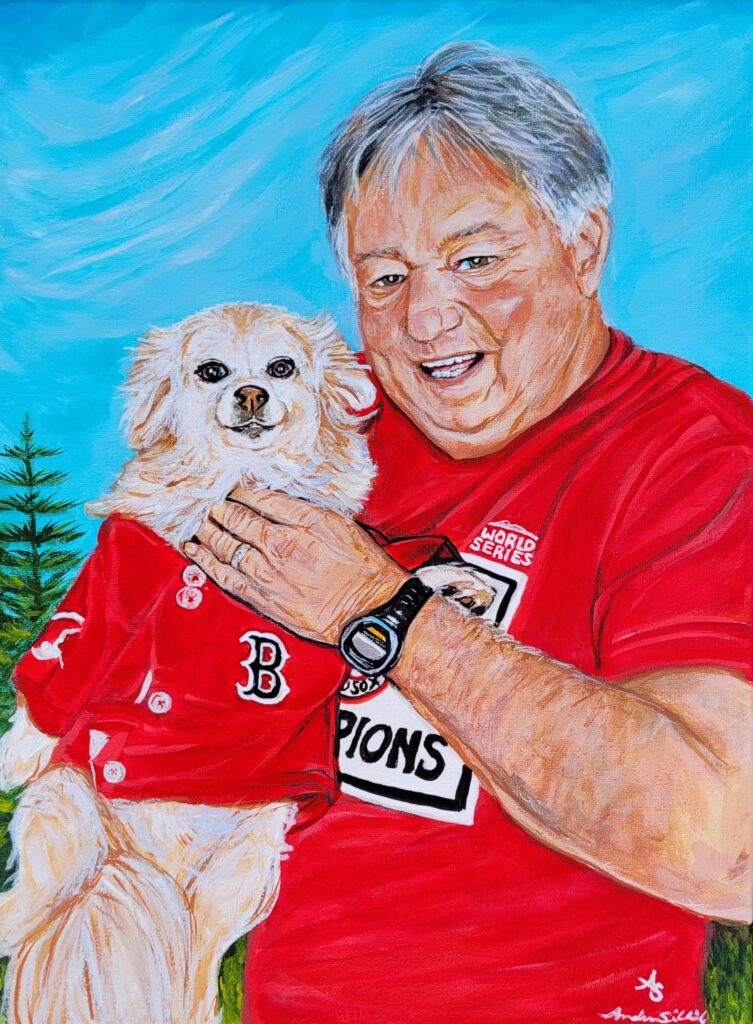 a painting of a man in a red white sox uniform top holding his small dog wearing a matching uniform