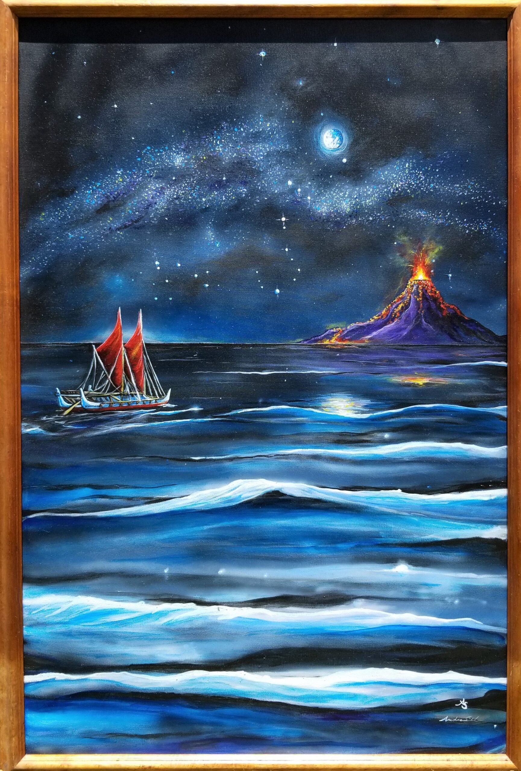 A painting showing a Hawaiian Canoe sailing across a moonlit ocean towards a distant island.