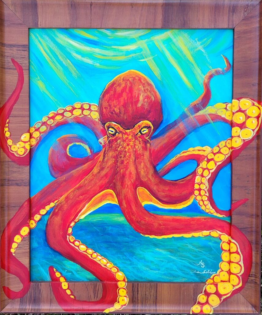 a painting of a bright red tentacled octopus in an underwater scene